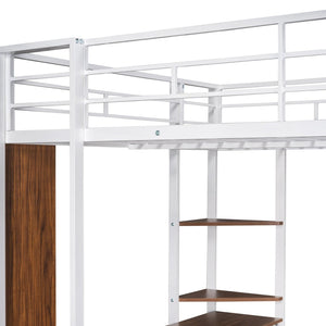 English Elm Full Size Steel Loft Bed with Built-in Desk and Dual Shelves for Teen Bedroom White MF291650AAK