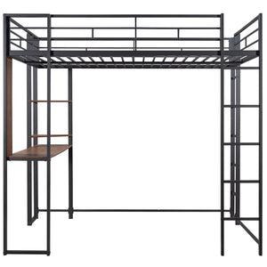 English Elm Full Size Steel Loft Bed with Built-in Desk and Dual Shelves for Teen Bedroom Black MF291650AAB