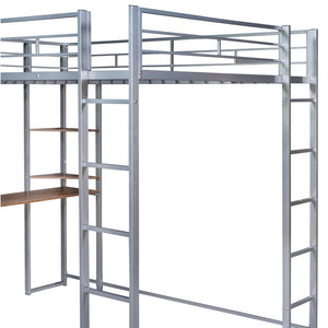 English Elm Full Size Steel Loft Bed with Built-in Desk and Dual Shelves for Teen Bedroom Silver MF291650AAN