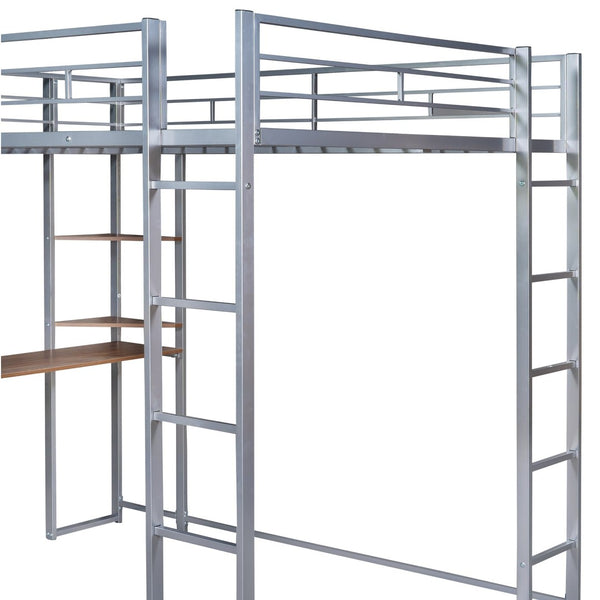 English Elm Full Size Steel Loft Bed with Built-in Desk and Dual Shelves for Teen Bedroom Silver MF291650AAN