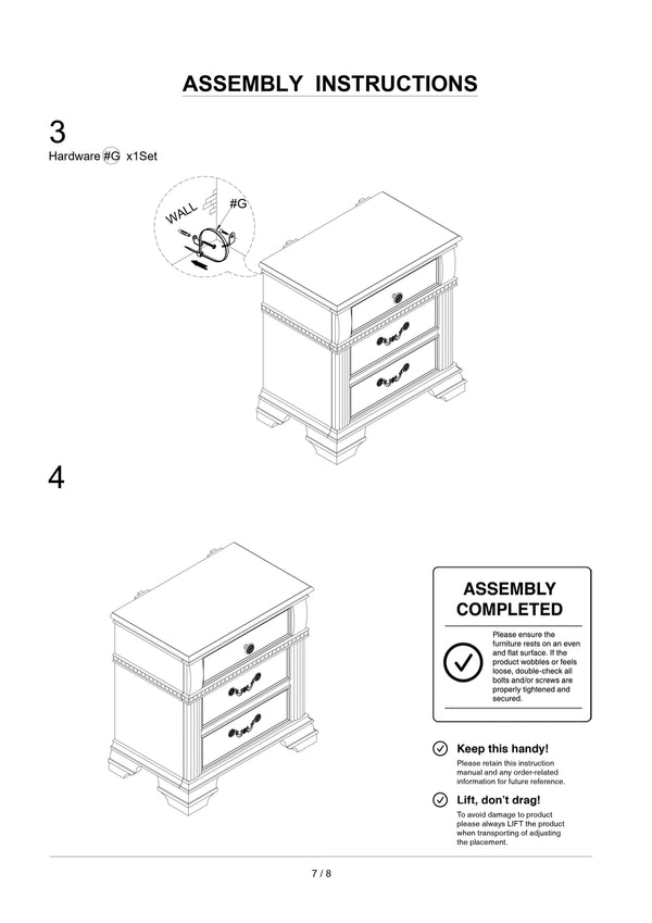 English Elm Antique Solid Wood Nightstand with Arched Trim, Reeded Posts & Ornate Satin Nickel Hardware, 28"W HS11FOA7144WH-N-ID-AHD