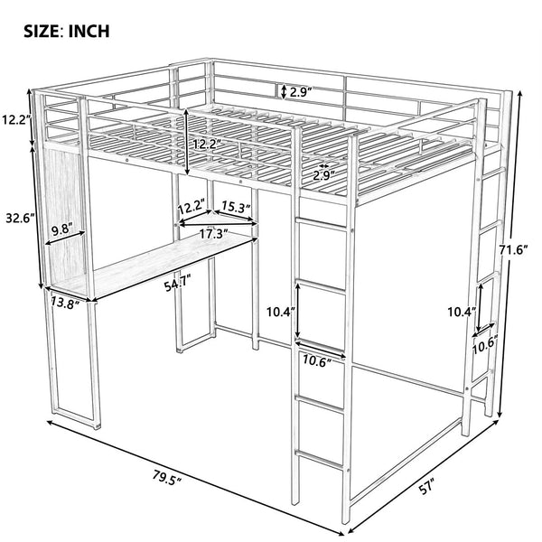 English Elm Full Size Steel Loft Bed with Built-in Desk and Dual Shelves for Teen Bedroom Black MF291650AAB