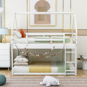 English Elm Twin Low Bunk Bed House Frame with Ladder, Pine & MDF Durable Construction for Kids' Cozy Playroom White WF285733AAK