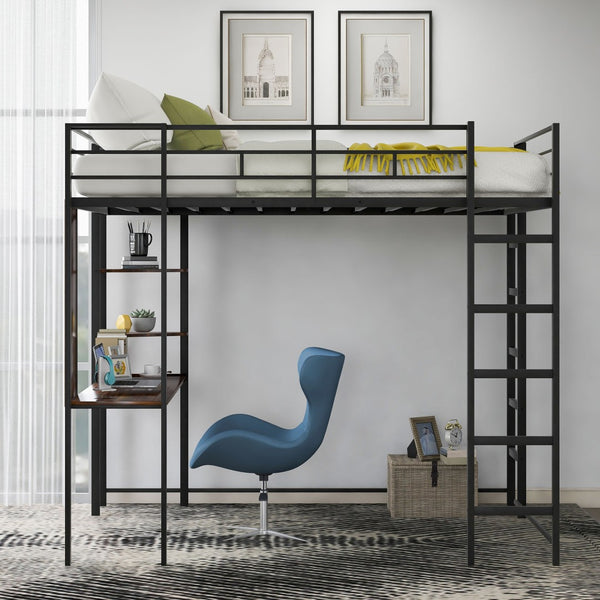 English Elm Full Size Steel Loft Bed with Built-in Desk and Dual Shelves for Teen Bedroom Black MF291650AAB