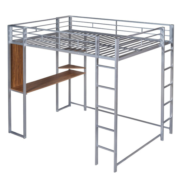 English Elm Full Size Steel Loft Bed with Built-in Desk and Dual Shelves for Teen Bedroom Silver MF291650AAN