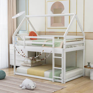 English Elm Twin Low Bunk Bed House Frame with Ladder, Pine & MDF Durable Construction for Kids' Cozy Playroom White WF285733AAK