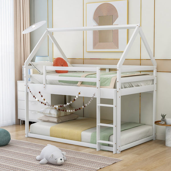 English Elm Twin Low Bunk Bed House Frame with Ladder, Pine & MDF Durable Construction for Kids' Cozy Playroom White WF285733AAK