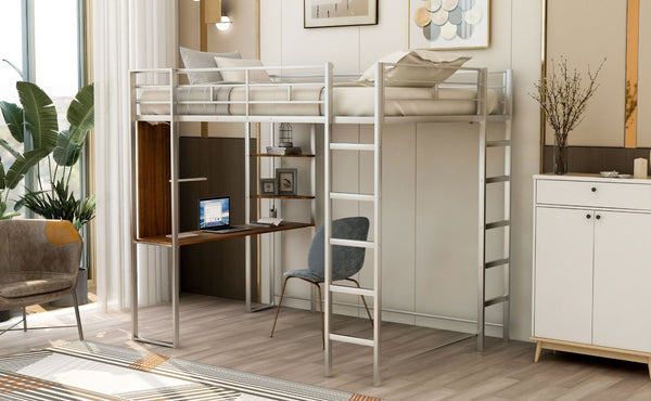 English Elm Full Size Steel Loft Bed with Built-in Desk and Dual Shelves for Teen Bedroom Silver MF291650AAN