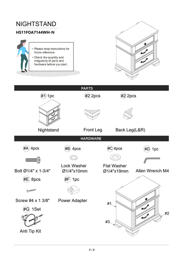 English Elm Gray Elegant Nightstand with Arched Trim and Reeded Posts, Solid Wood 28"W x17"D x29"H, Satin Nickel Hardware B011126022