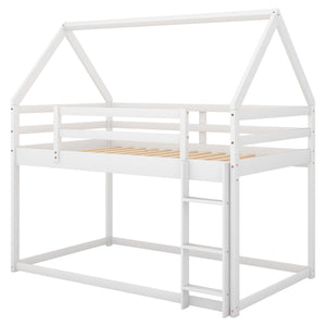 English Elm Twin Low Bunk Bed House Frame with Ladder, Pine & MDF Durable Construction for Kids' Cozy Playroom White WF285733AAK
