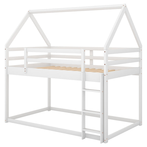 English Elm Twin Low Bunk Bed House Frame with Ladder, Pine & MDF Durable Construction for Kids' Cozy Playroom White WF285733AAK