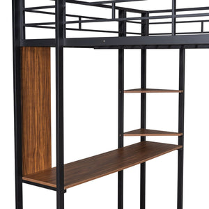 English Elm Full Size Steel Loft Bed with Built-in Desk and Dual Shelves for Teen Bedroom Black MF291650AAB