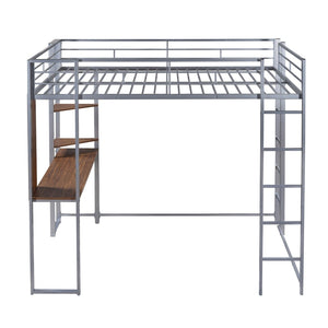 English Elm Full Size Steel Loft Bed with Built-in Desk and Dual Shelves for Teen Bedroom Silver MF291650AAN