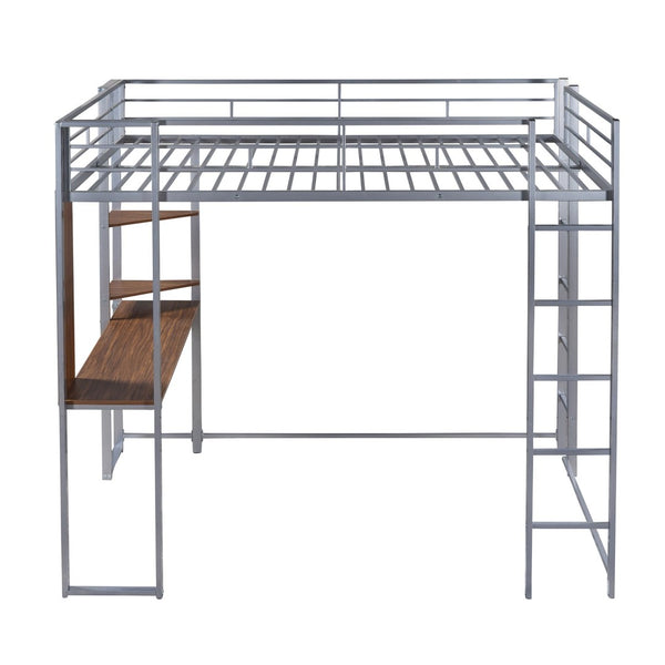 English Elm Full Size Steel Loft Bed with Built-in Desk and Dual Shelves for Teen Bedroom Silver MF291650AAN