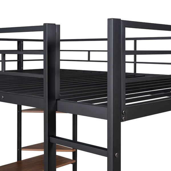 English Elm Full Size Steel Loft Bed with Built-in Desk and Dual Shelves for Teen Bedroom Black MF291650AAB