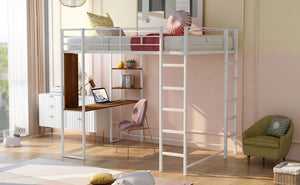 English Elm Full Size Steel Loft Bed with Built-in Desk and Dual Shelves for Teen Bedroom White MF291650AAK