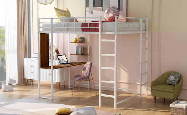 English Elm Full Size Steel Loft Bed with Built-in Desk and Dual Shelves for Teen Bedroom White MF291650AAK