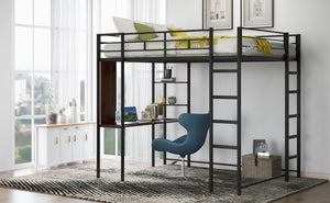 English Elm Full Size Steel Loft Bed with Built-in Desk and Dual Shelves for Teen Bedroom Black MF291650AAB