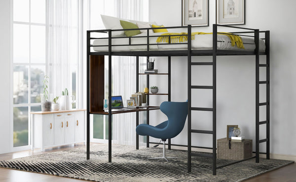 English Elm Full Size Steel Loft Bed with Built-in Desk and Dual Shelves for Teen Bedroom Black MF291650AAB