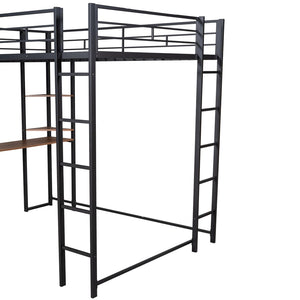English Elm Full Size Steel Loft Bed with Built-in Desk and Dual Shelves for Teen Bedroom Black MF291650AAB