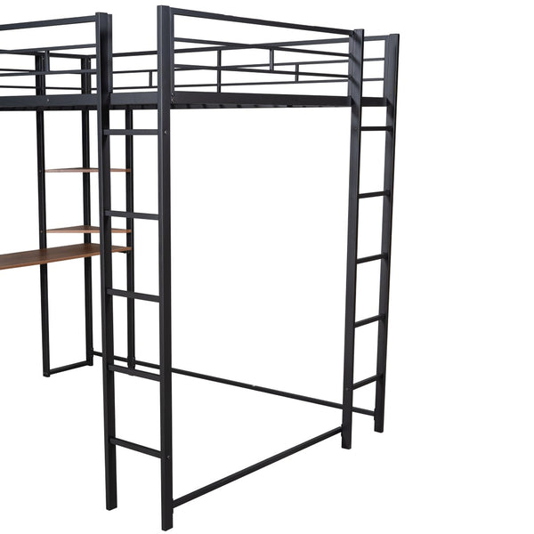 English Elm Full Size Steel Loft Bed with Built-in Desk and Dual Shelves for Teen Bedroom Black MF291650AAB