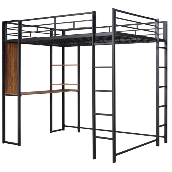 English Elm Full Size Steel Loft Bed with Built-in Desk and Dual Shelves for Teen Bedroom Black MF291650AAB