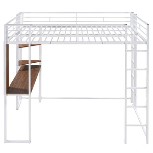 English Elm Full Size Steel Loft Bed with Built-in Desk and Dual Shelves for Teen Bedroom White MF291650AAK