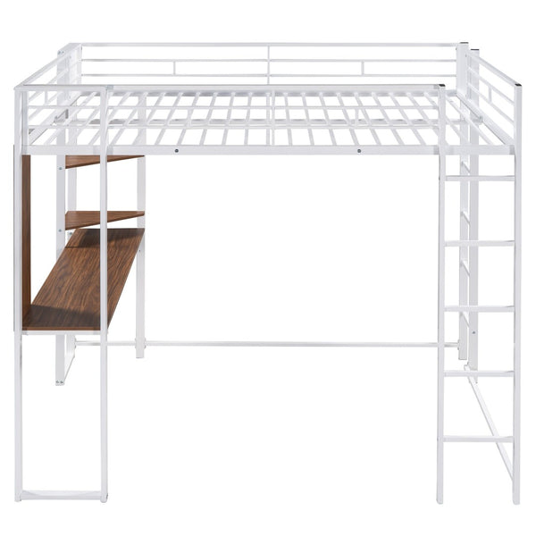 English Elm Full Size Steel Loft Bed with Built-in Desk and Dual Shelves for Teen Bedroom White MF291650AAK