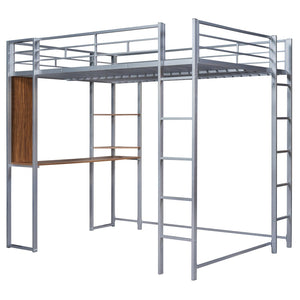 English Elm Full Size Steel Loft Bed with Built-in Desk and Dual Shelves for Teen Bedroom Silver MF291650AAN
