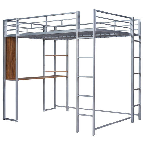 English Elm Full Size Steel Loft Bed with Built-in Desk and Dual Shelves for Teen Bedroom Silver MF291650AAN