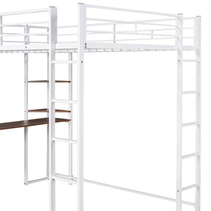 English Elm Full Size Steel Loft Bed with Built-in Desk and Dual Shelves for Teen Bedroom White MF291650AAK