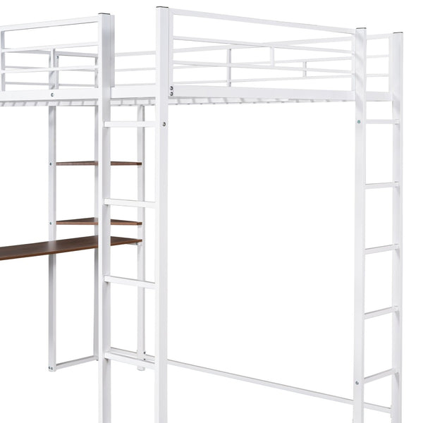 English Elm Full Size Steel Loft Bed with Built-in Desk and Dual Shelves for Teen Bedroom White MF291650AAK
