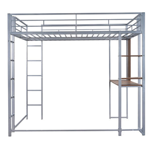 English Elm Full Size Steel Loft Bed with Built-in Desk and Dual Shelves for Teen Bedroom Silver MF291650AAN
