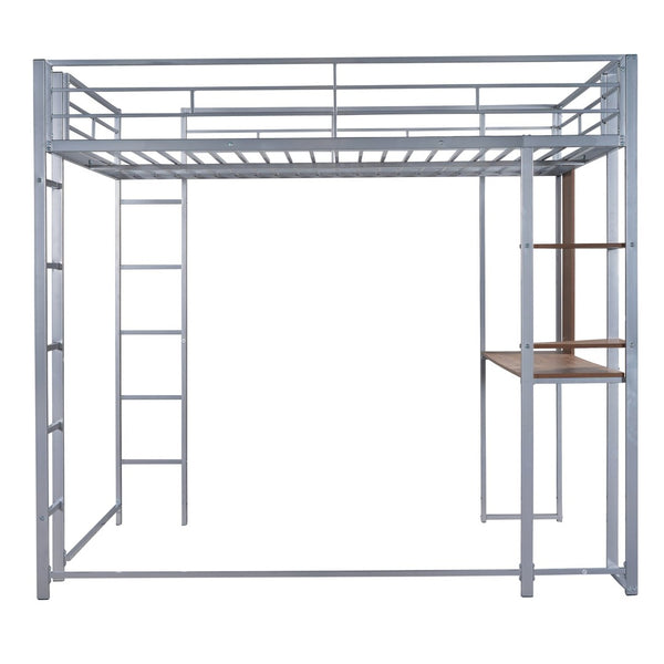 English Elm Full Size Steel Loft Bed with Built-in Desk and Dual Shelves for Teen Bedroom Silver MF291650AAN