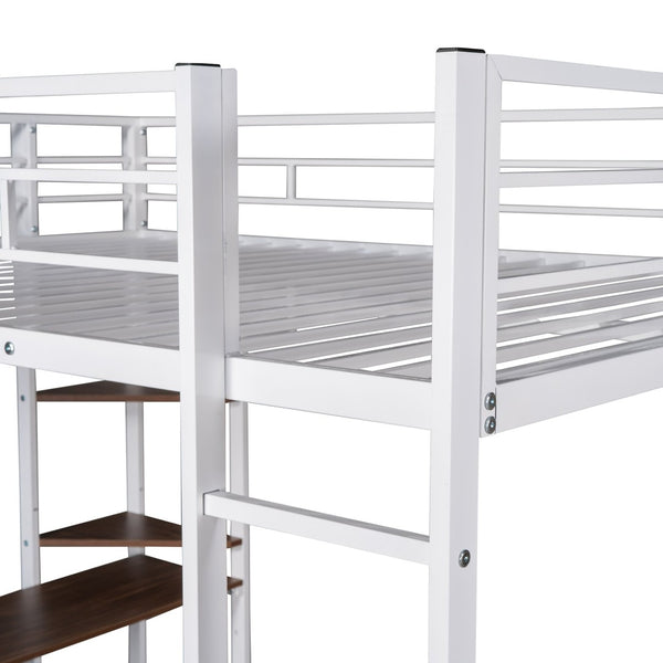 English Elm Full Size Steel Loft Bed with Built-in Desk and Dual Shelves for Teen Bedroom White MF291650AAK