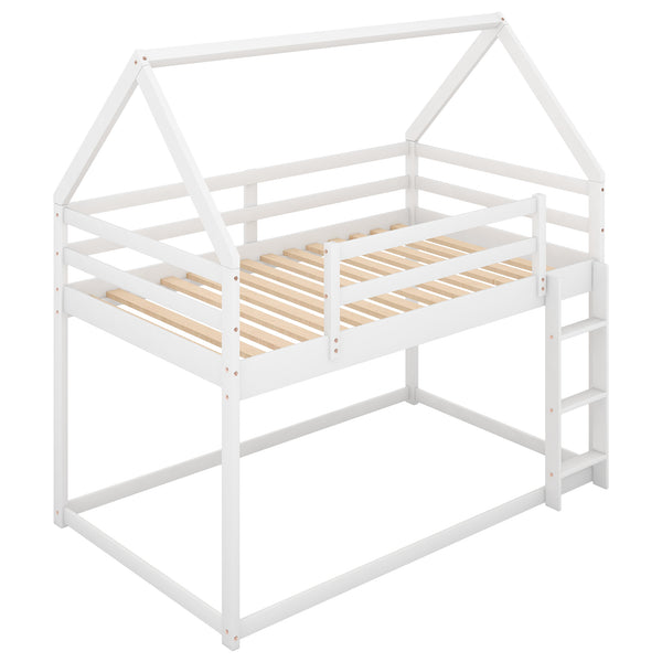 English Elm Twin Low Bunk Bed House Frame with Ladder, Pine & MDF Durable Construction for Kids' Cozy Playroom White WF285733AAK