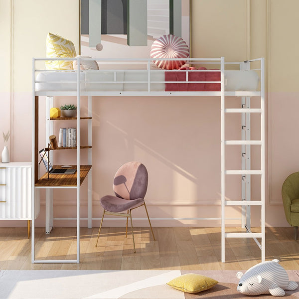 English Elm Full Size Steel Loft Bed with Built-in Desk and Dual Shelves for Teen Bedroom White MF291650AAK