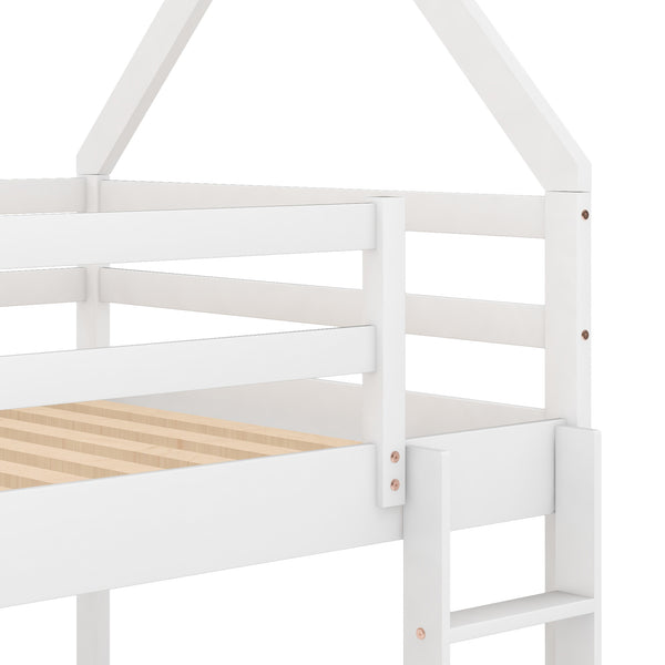 English Elm Twin Low Bunk Bed House Frame with Ladder, Pine & MDF Durable Construction for Kids' Cozy Playroom White WF285733AAK