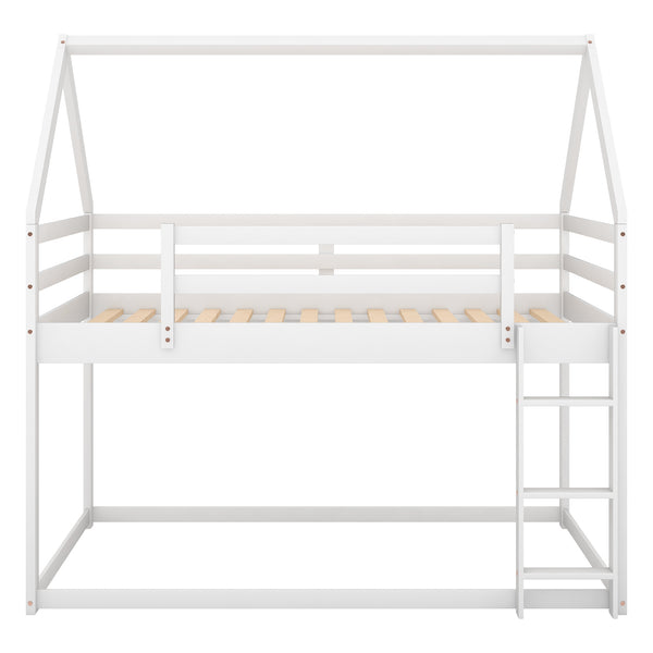 English Elm Twin Low Bunk Bed House Frame with Ladder, Pine & MDF Durable Construction for Kids' Cozy Playroom White WF285733AAK