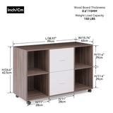 English Elm Mobile Lateral Filing Cabinet With 2 Drawers and 4 Open Storage Cabinets, For Home Office, Walnut-Light Gray