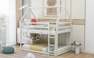 English Elm Twin Low Bunk Bed House Frame with Ladder, Pine & MDF Durable Construction for Kids' Cozy Playroom White WF285733AAK