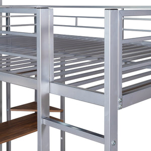 English Elm Full Size Steel Loft Bed with Built-in Desk and Dual Shelves for Teen Bedroom Silver MF291650AAN