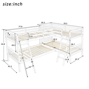 English Elm L-shaped Twin Bunk Bed Sleeps Four with Mission Style Pine Frame for Kids LT000020AAK