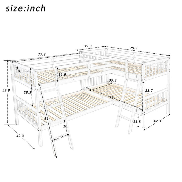 English Elm L-shaped Twin Bunk Bed Sleeps Four with Mission Style Pine Frame for Kids LT000020AAK