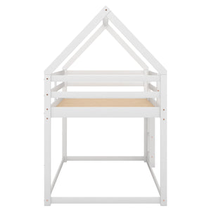 English Elm Twin Low Bunk Bed House Frame with Ladder, Pine & MDF Durable Construction for Kids' Cozy Playroom White WF285733AAK