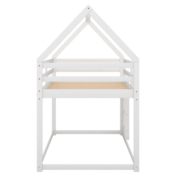 English Elm Twin Low Bunk Bed House Frame with Ladder, Pine & MDF Durable Construction for Kids' Cozy Playroom White WF285733AAK