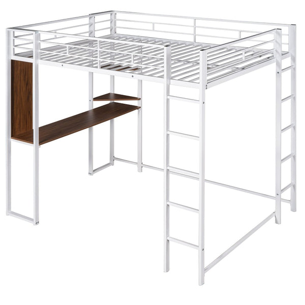 English Elm Full Size Steel Loft Bed with Built-in Desk and Dual Shelves for Teen Bedroom White MF291650AAK