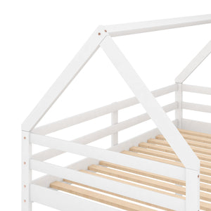 English Elm Twin Low Bunk Bed House Frame with Ladder, Pine & MDF Durable Construction for Kids' Cozy Playroom White WF285733AAK