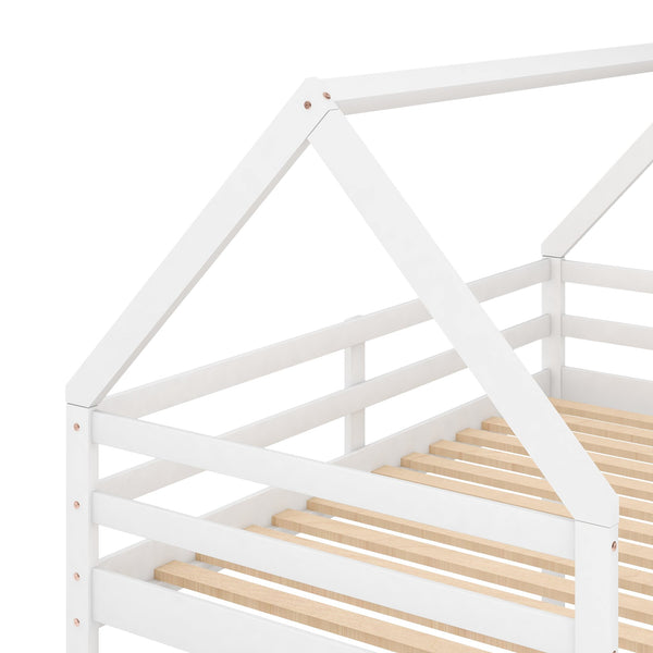English Elm Twin Low Bunk Bed House Frame with Ladder, Pine & MDF Durable Construction for Kids' Cozy Playroom White WF285733AAK