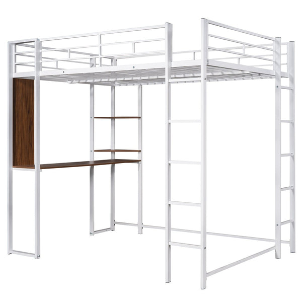 English Elm Full Size Steel Loft Bed with Built-in Desk and Dual Shelves for Teen Bedroom White MF291650AAK